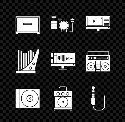 Set Guitar amplifier, Drums, Video recorder or editor software on monitor, CD Stock Illustration
