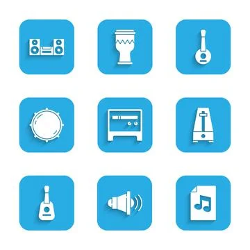 Set Guitar amplifier, Speaker volume, Music book with note, Metronome pendulum 库存插图
