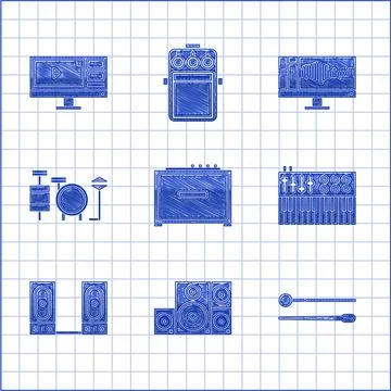 Set Guitar amplifier, Stereo speaker, Drum sticks, Music synthesizer, Drums.. Stock Illustration