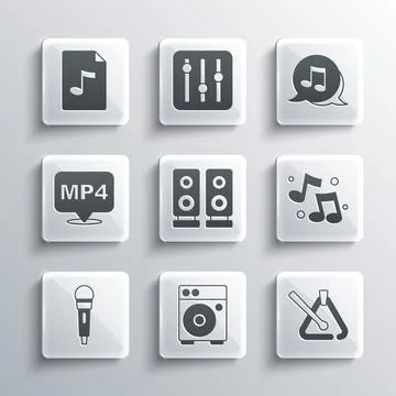 Set Guitar amplifier, Triangle musical instrument, Music note, tone, Stereo s Ilustração Stock