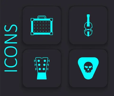 Set Guitar pick, amplifier, Violin and neck icon. Black square button. Vector Stock Illustration