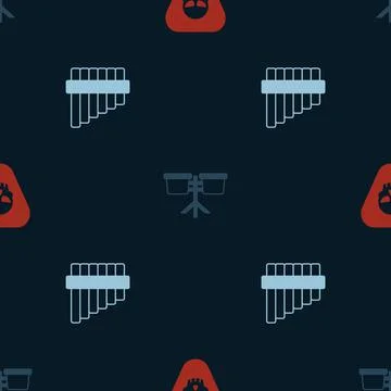 Set Guitar pick, Bongo drum and Pan flute on seamless pattern. Vector Stock Illustration