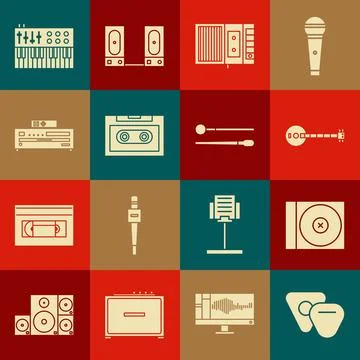 Set Guitar pick, CD or DVD disk, Banjo, Music tape player, Retro audio cass.. Stock Illustration
