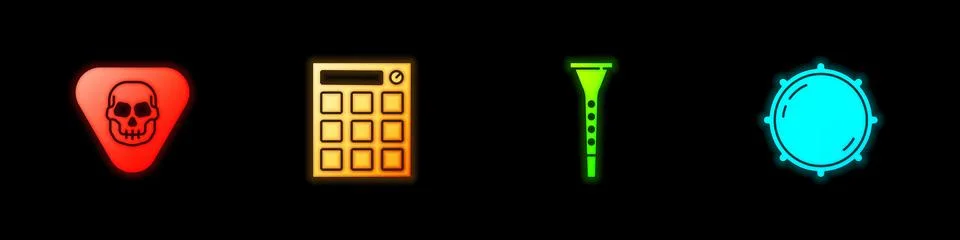 Set Guitar pick, Drum machine, Clarinet and Dial knob level icon. Vector Stock Illustration