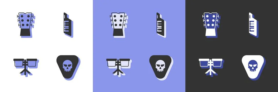 Set Guitar pick, neck, Bongo drum and Keytar icon. Vector Illustrazione stock