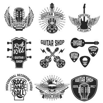 Set of guitar store emblems. Design elements for logo, label, emblem, sign, b Illustrazione stock