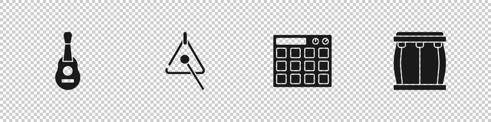 Set Guitar, Triangle, Drum machine and icon. Vector Illustrazione stock