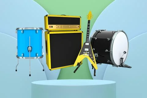 Set of guitars, drums, and amplifiers arranged on podium with abstract Stock Illustration