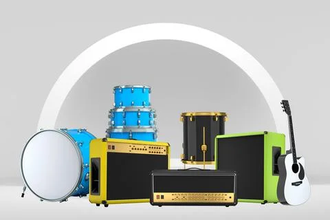 Set of guitars, drums, and amplifiers arranged on podium with abstract イラスト素材