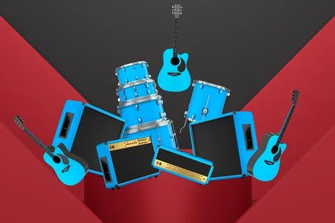 Set of guitars, drums, and amplifiers arranged on podium with abstract Stock Illustration