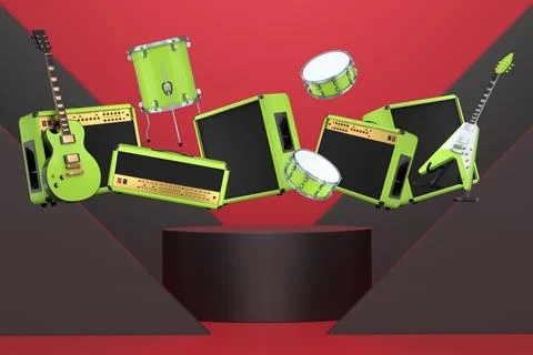 Set of guitars, drums, and amplifiers arranged on podium with abstract Stock Illustration