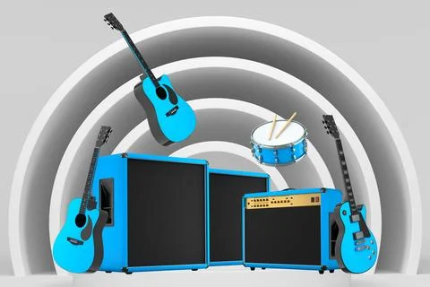 Set of guitars, drums, and amplifiers arranged on podium with abstract Stockillustratie