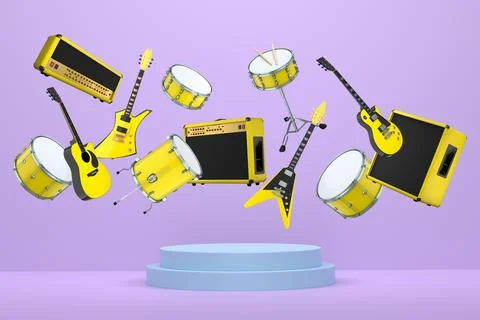 Set of guitars, drums, and amplifiers arranged on a circular podium with colo Stock Illustration