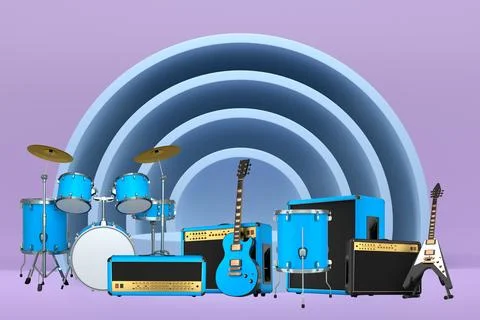 Set of guitars, drums, and amplifiers arranged on podium with abstract back.. Stock Illustration
