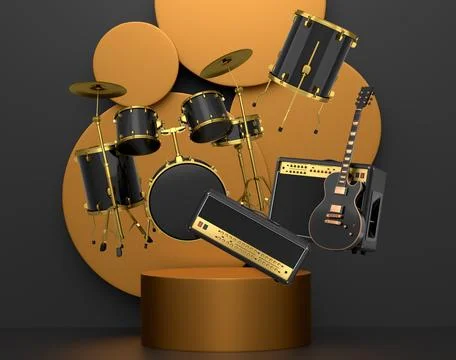 Set of guitars, drums, and amplifiers arranged on podium with abstract back.. 스톡 일러스트