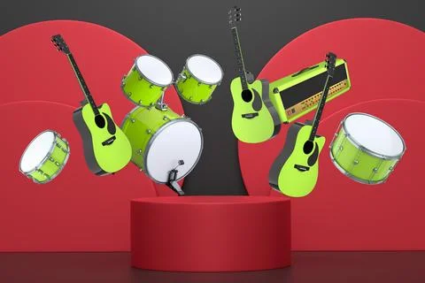 Set of guitars, drums, and amplifiers arranged on podium with abstract back.. Illustrazione stock