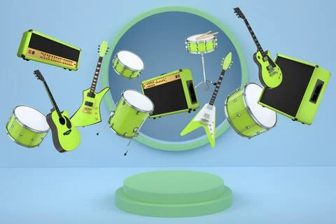 Set of guitars, drums, and amplifiers arranged on podium with abstract back.. Illustrazione stock