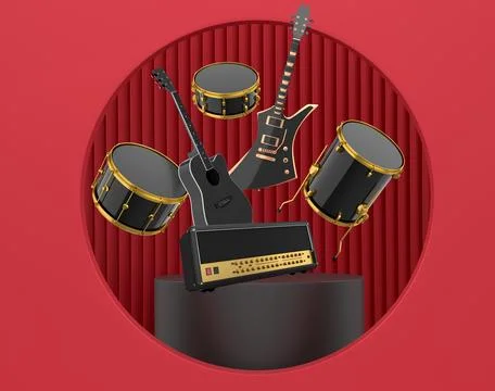 Set of guitars, drums, and amplifiers arranged on podium with abstract back.. 스톡 일러스트