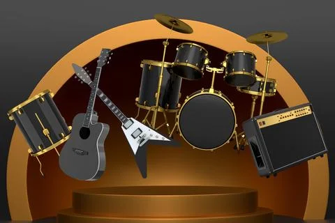 Set of guitars, drums, and amplifiers arranged on podium with abstract Illustrazione stock