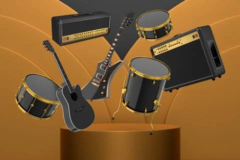Set of guitars, drums, and amplifiers arranged on podium with abstract Stock Illustration