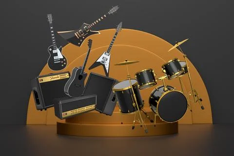 Set of guitars, drums, and amplifiers arranged on podium with abstract Stock Illustration