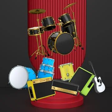Set of guitars, drums, and amplifiers arranged on podium with abstract Stock Illustration