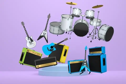 Set of guitars, drums, and amplifiers arranged on podium with abstract Stock Illustration