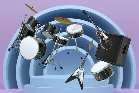Set of guitars, drums, and amplifiers arranged on podium with abstract Stock Illustration