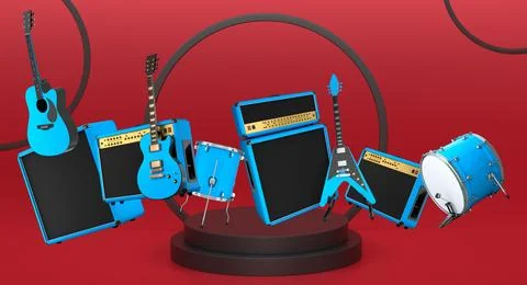 Set of guitars, drums, and amplifiers arranged on podium with abstract Stock Illustration