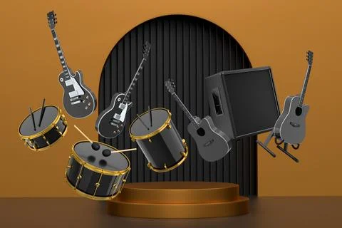 Set of guitars, drums, and amplifiers arranged on podium with abstract Stock Illustration