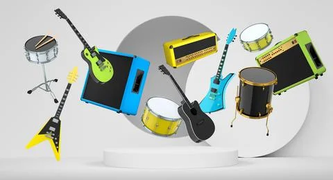 Set of guitars, drums, and amplifiers arranged on podium with abstract Stock Illustration