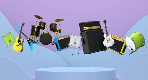 Set of guitars, drums, and amplifiers arranged on podium with abstract back.. Illustrazione stock