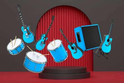 Set of guitars, drums, and amplifiers arranged on podium with abstract back.. Illustrazione stock