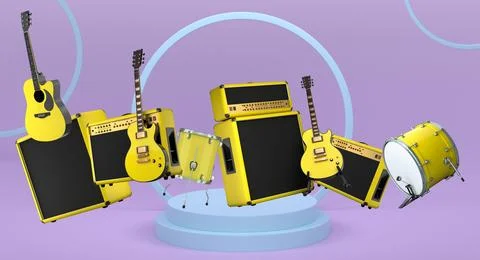 Set of guitars, drums, and amplifiers arranged on podium with abstract back.. Stock Illustration