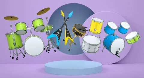 Set of guitars, drums, and amplifiers arranged on podium with abstract back.. Illustrazione stock