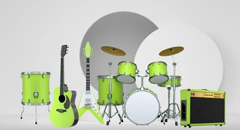 Set of guitars, drums, and amplifiers arranged on a circular podium with colo Stock Illustration