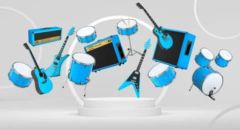 Set of guitars, drums, and amplifiers arranged on podium with abstract back.. イラスト素材