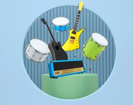 Set of guitars, drums, and amplifiers arranged on a circular podium with colo Stock Illustration
