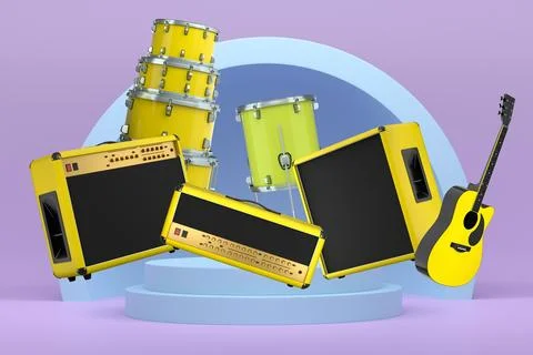 Set of guitars, drums, and amplifiers arranged on a circular podium with colo Illustrazione stock
