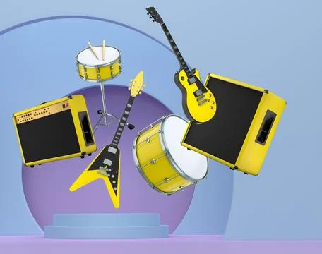 Set of guitars, drums, and amplifiers arranged on a circular podium with colo Stock Illustration