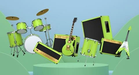 Set of guitars, drums, and amplifiers arranged on a circular podium with colo Stock Illustration