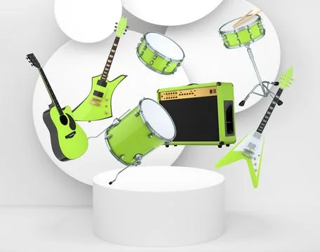 Set of guitars, drums, and amplifiers arranged on podium with abstract back.. Stock Illustration