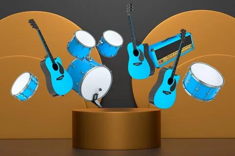 Set of guitars, drums, and amplifiers arranged on a circular podium with colo Stockillustratie