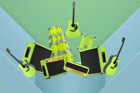 Set of guitars, drums, and amplifiers arranged on a circular podium with colo Illustrazione stock
