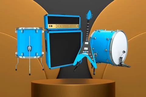 Set of guitars, drums, and amplifiers arranged on a circular podium with colo Stockillustratie