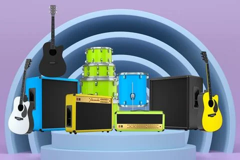 Set of guitars, drums, and amplifiers arranged on a circular podium with colo Illustrazione stock