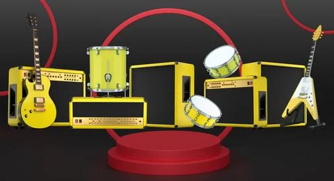 Set of guitars, drums, and amplifiers arranged on podium with abstract back.. Stockillustratie