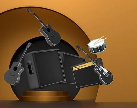 Set of guitars, drums, and amplifiers arranged on podium with abstract back.. Stockillustratie