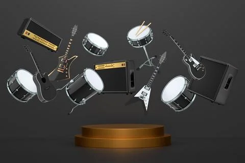 Set of guitars, drums, and amplifiers arranged on a circular podium with colo Stock Illustration