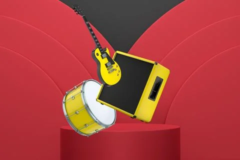 Set of guitars, drums, and amplifiers arranged on podium with abstract back.. Stock Illustration